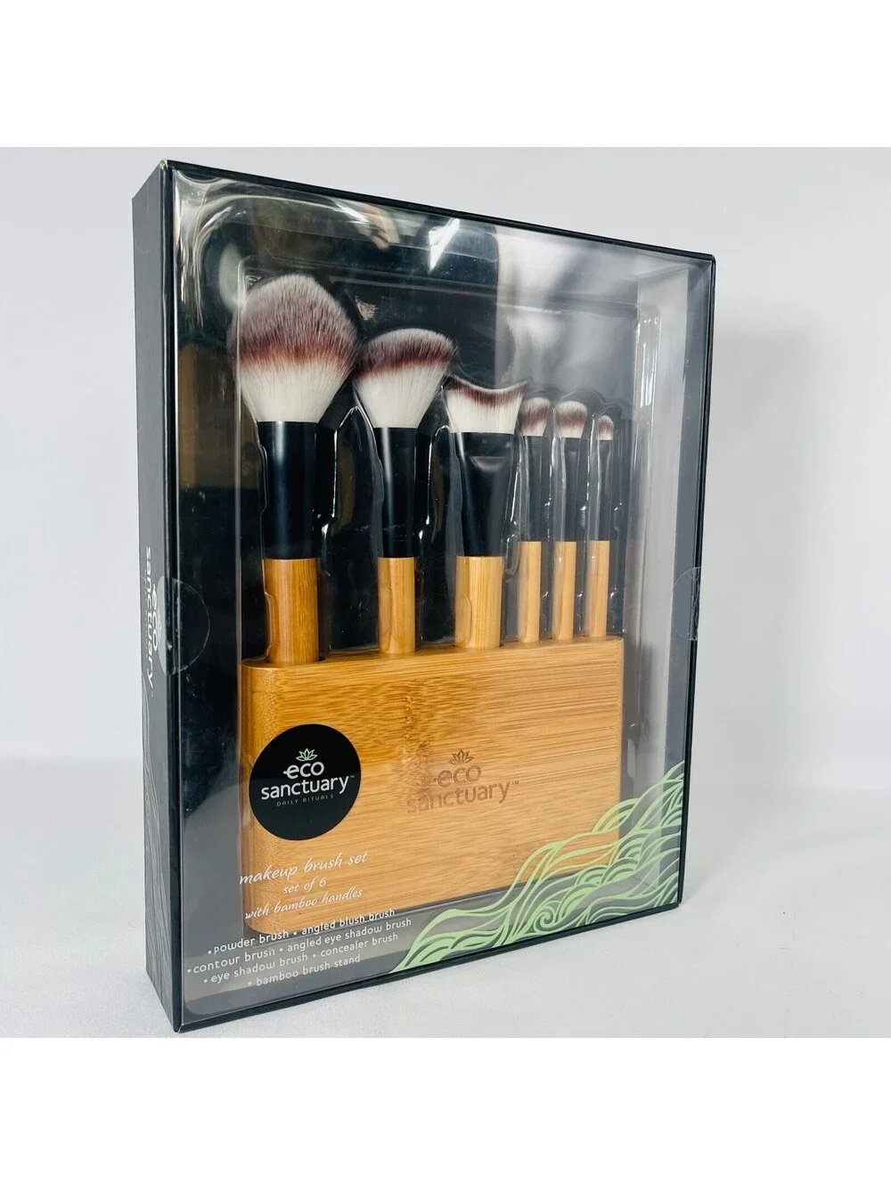 Eco Sanctuary 6 Pc Makeup Brush Set with Bamboo Handles & Wooden Stand New Box
